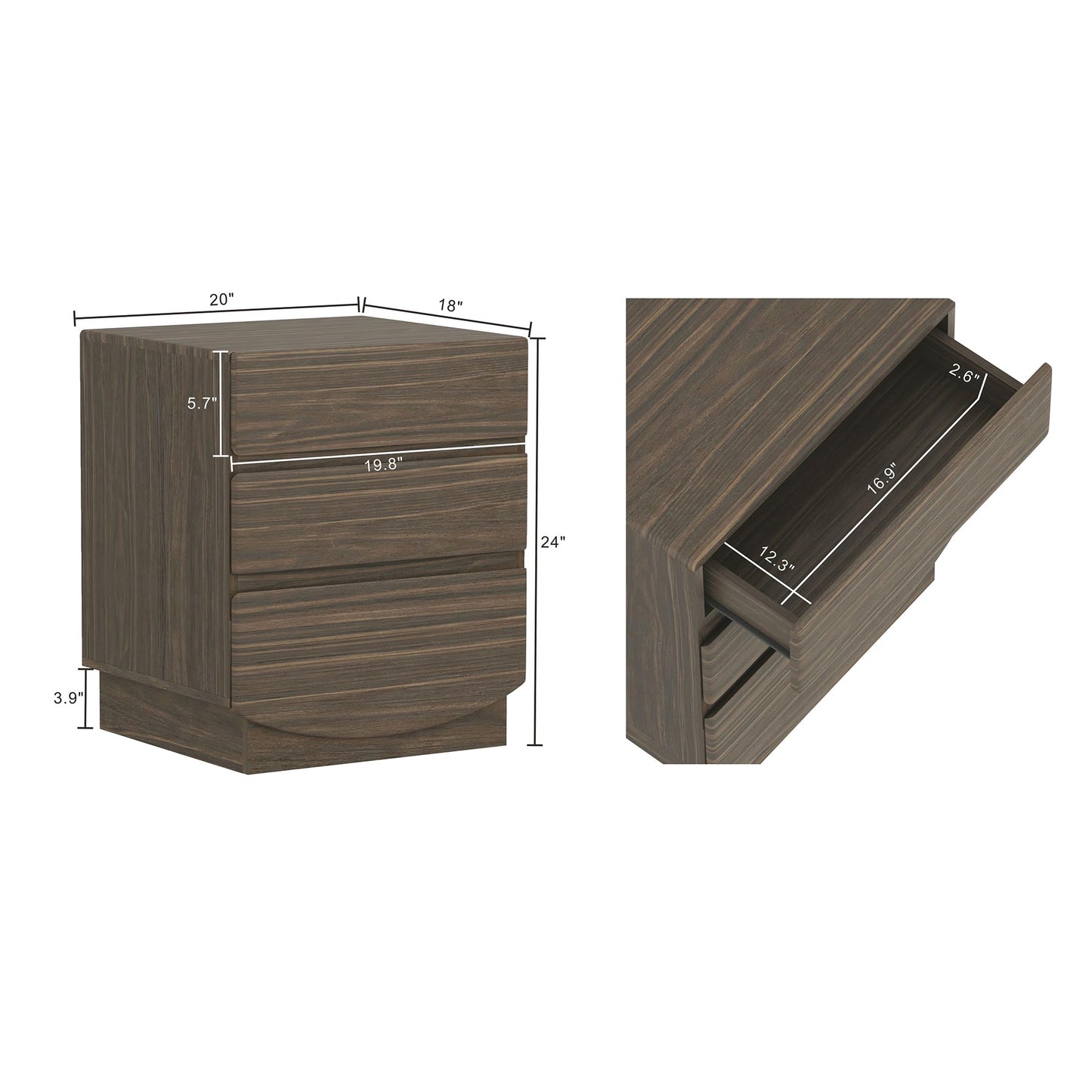Manhattan Comfort Ardea Modern Nightstand with 3 Smooth-Glide Drawers, Compact Contemporary Bedside Table with Handle-Less Fronts, Rounded Edges, Walnut