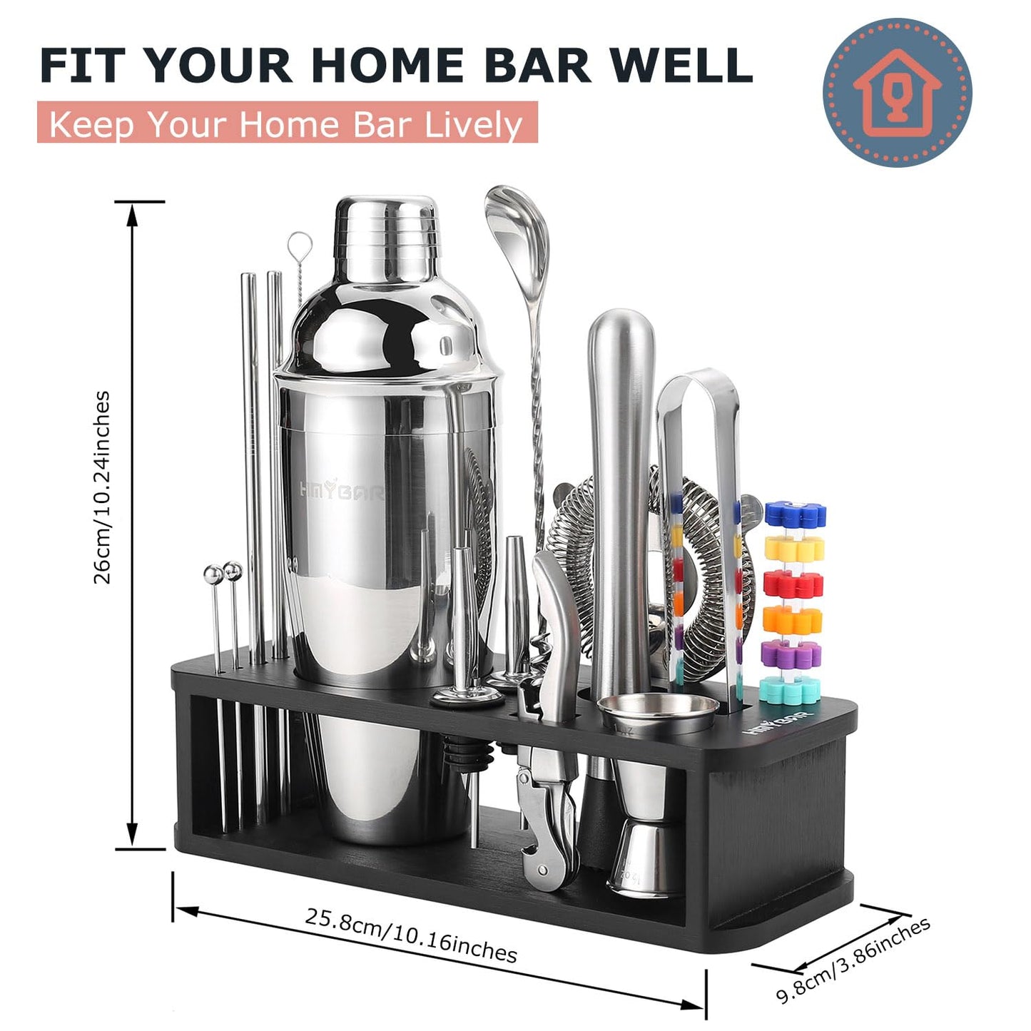 HMYBAR® 22-pc Cocktail Shaker Set(24oz/700ml) | Mixology Bartender Kit | Bar Tool Set | Martini Making Set with 39-Recipe Cocktail Cards & Kit's Deco, Bamboo Stand Black Color, Silver Tools