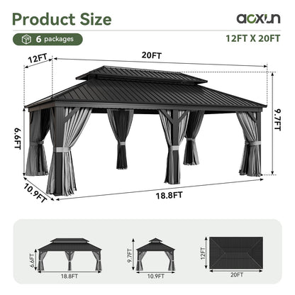 Aoxun 12' X 20' Hardtop Gazebo with Drainage System, Aluminum Outdoor Gazebo with Galvanized Steel Double Roof, Patio Permanent Metal Pavilion with Netting, for Garden, Deck, Grey