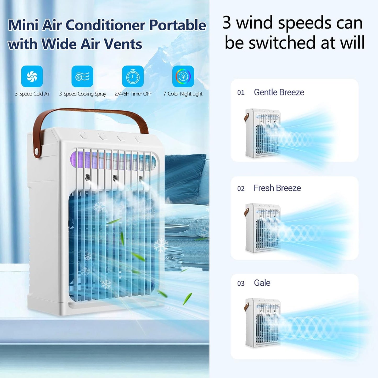 gootu Conditioners,1000ML Conditioner,3 Cooler,2/4/6H OFF,7Color Portable Air Portable AC Unit,Personal Small Air Speed