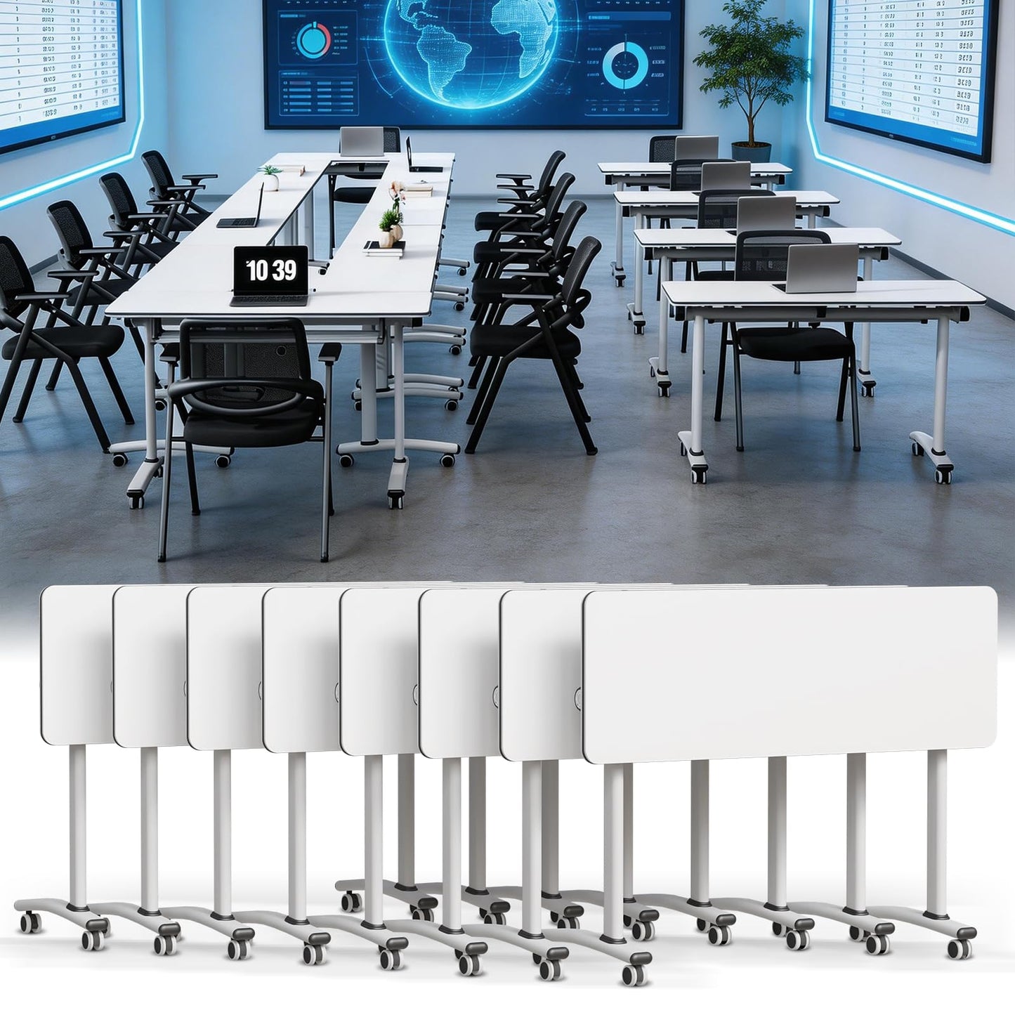 Conference Room Table, Foldable Flip Top Mobile Training Table with Wheels, 47.2 Inch Modern Rectangular Meeting Seminar Desk, Waterproof Metal Frame for Office, Classroom & Boardroom