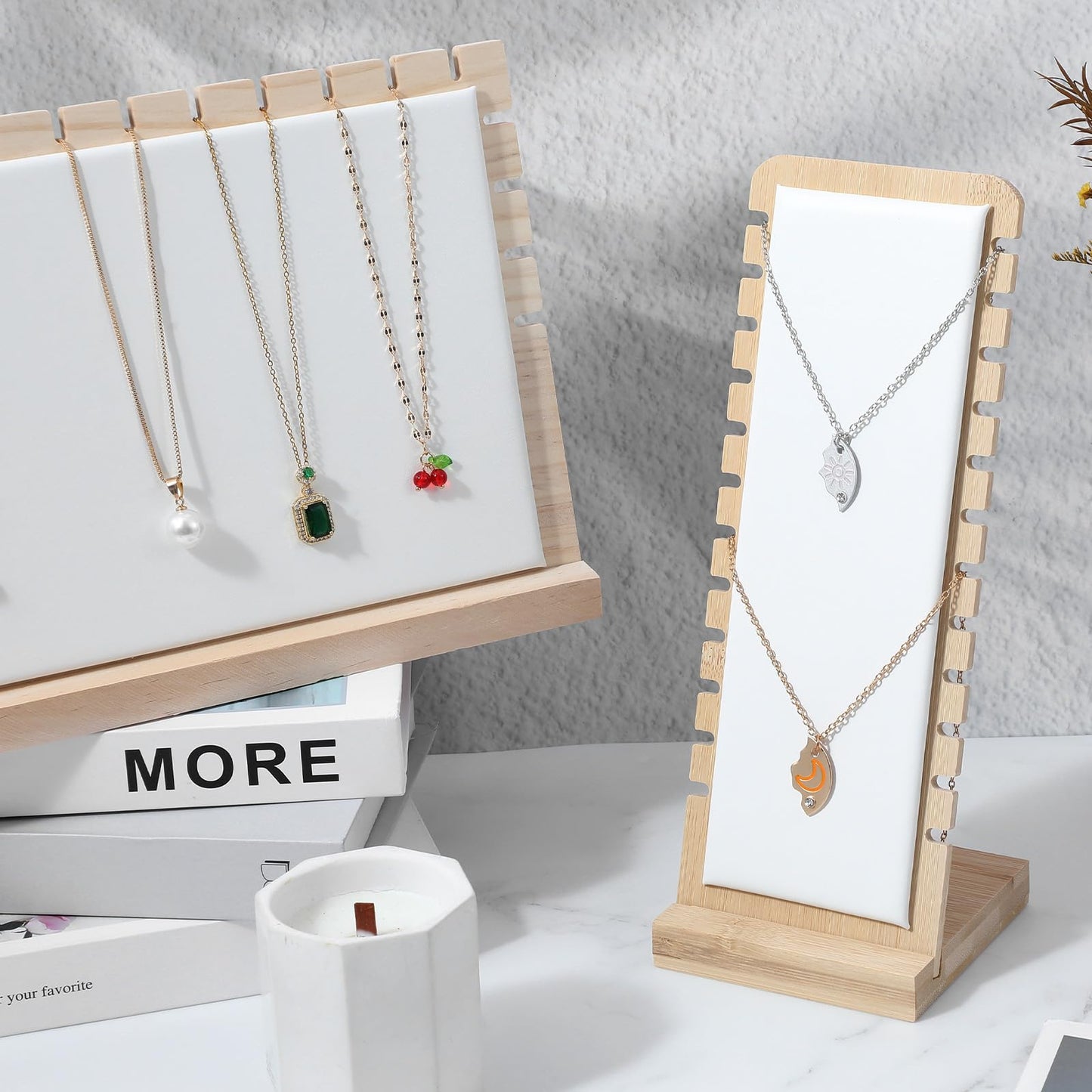 Oqqlin 3 Pcs Necklace Display Stands for Selling, Bamboo Necklace Holder with PU Leather Panel Beige Multi-Tiered Jewelry Display Storage Set for Vendors and Home (11.8x7.9x3.3 Inch/10.6x3.9x3.7 Inch)
