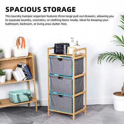Depisuta Laundry Basket Organizer, 3 Tier Pull Out Hamper Sorter with Top Shelf Fabric Drawers Unit Small Space Freestanding Clothes Towel Storage Cabinet for Bathroom Bedroom (Gray)