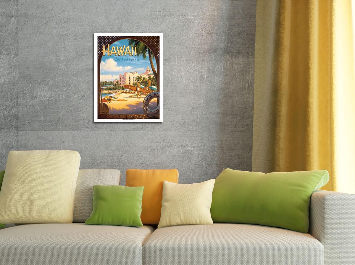 Hawaii Land of Surf & Sunshine - Waikiki Beach - Vintage Hawaiian Travel Poster by Kerne Erickson - Fine Art Matte