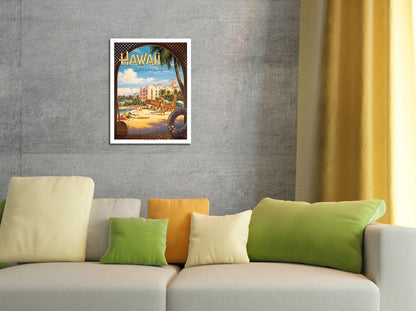 Hawaii Land of Surf & Sunshine - Waikiki Beach - Vintage Hawaiian Travel Poster by Kerne Erickson - Fine Art Matte