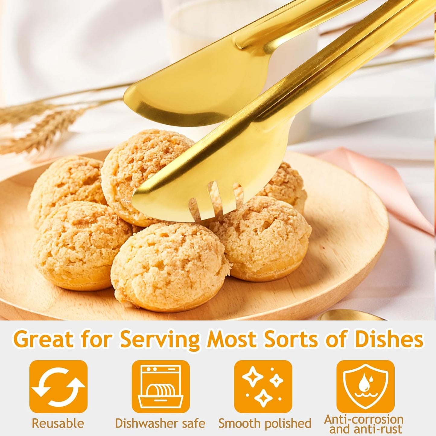 Gold Serving Utensils Set - 12 Pcs Stainless Steel with Slotted Spoons, Forks, Tongs, and Soup Ladle
