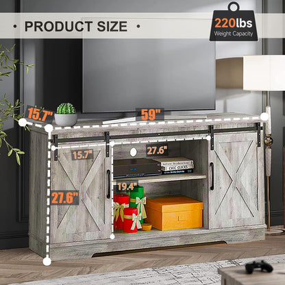 IDEALHOUSE Farmhouse TV Stand, Entertainment Center for 65 Inch TV Media Console Cabinet, White Barn Doors TV Stand with Storage and Shelves, Modern TV Console Table Furniture for Livingroom (Gray)