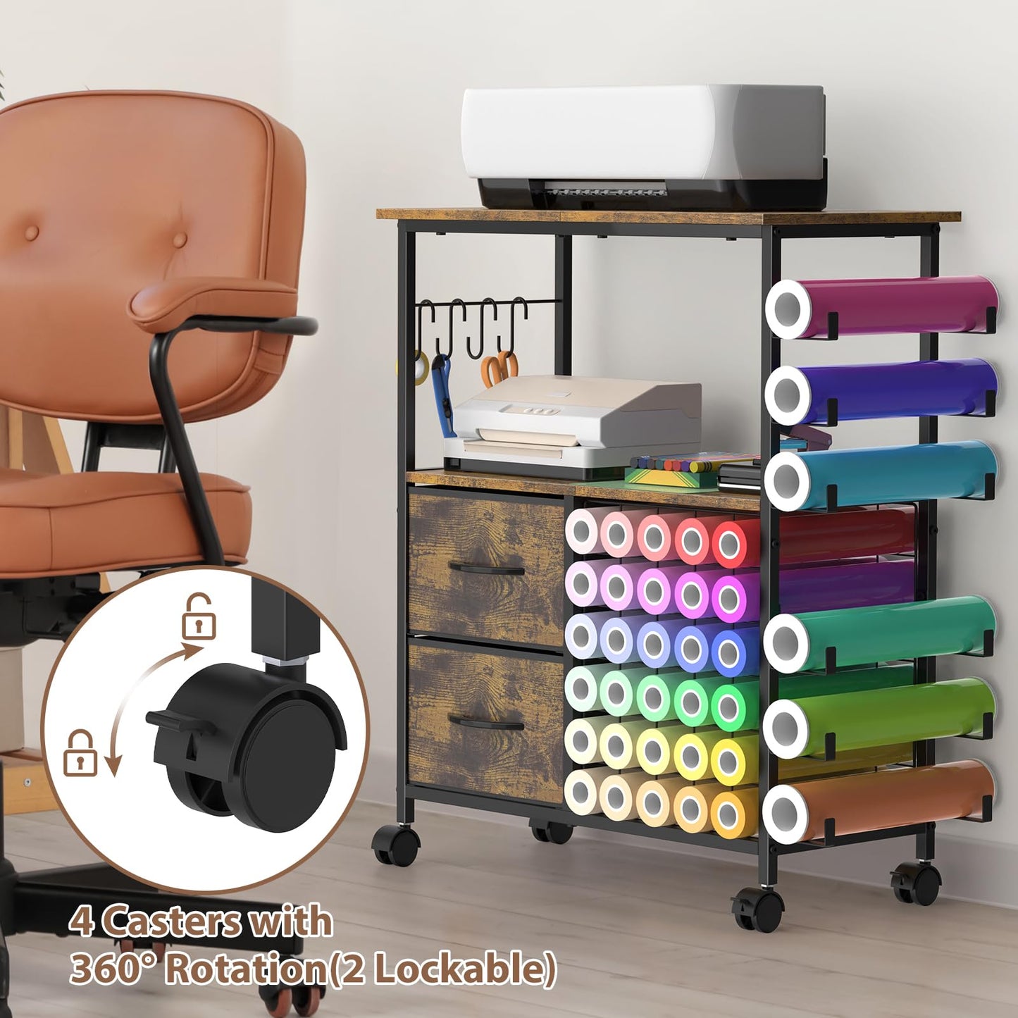 Craft Table Compatible with Cricut Machines Rolling Craft Storage Cart with Vinyl Roll Holders, Crafting Table Workstation with 2 Fabric Drawers, Locakable Wheels, Rustic Brown