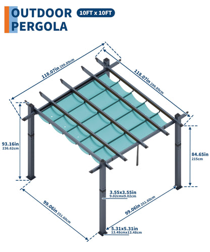 GarveeTech 10x10 ft Pergola Gazebo with Adjustable Canopy, Heavy-Duty Aluminum Sun Shelter with Faux Wood Finish for Outdoor Patio, Deck & Garden, Blue+White