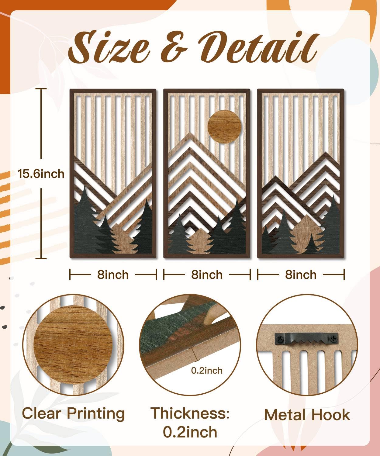 Putuo Decor Boho Mountain Wall Art Set of 3, Rustic Wooden Wall Decor, Nature-Inspired Geometric Artwork, Mid-Century Modern Aesthetic for Living Room, Bedroom, Office Brown 16.5 x 8.6 inch