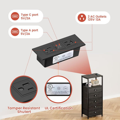 5-Drawer Dresser with Charging Station & Voice Control LED Light, Modern Bedside Table with USB/Type-C Ports