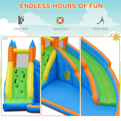 Costzon Inflatable Water Slide, Giant Bouncy Waterslide Park for Kids Backyard Outdoor Fun w/ 480w Blower, Climbing, Splash Pool, 2-pcs, Blow up Water Slides Inflatables for Kids Party Gift