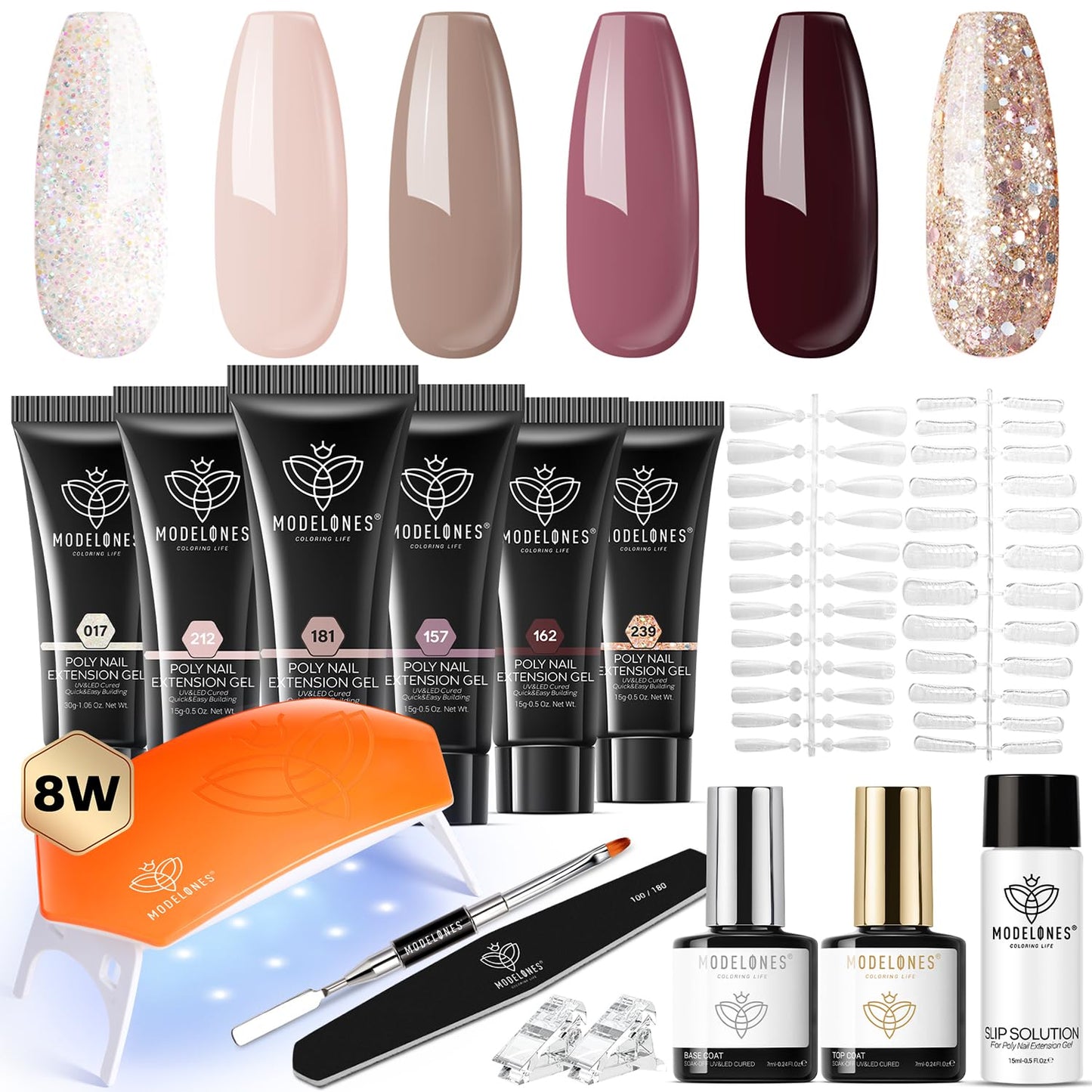 modelones Poly Gel Nail Kit 6 Colors with 8 W Nail Lamp Extension Gel Kit Jelly Milky White Pink Nude Complete Tools Beginner Thickening Solutions DIY at Home for Women