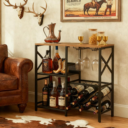 MNEETRUNG Wine Bar Cabinet, Rustic Freestanding Wine Rack with Glass Holder and Fence, Bar Cabinet with 2 Tier Storage, Liquor Shelf for Home Bar, Rustic Brown