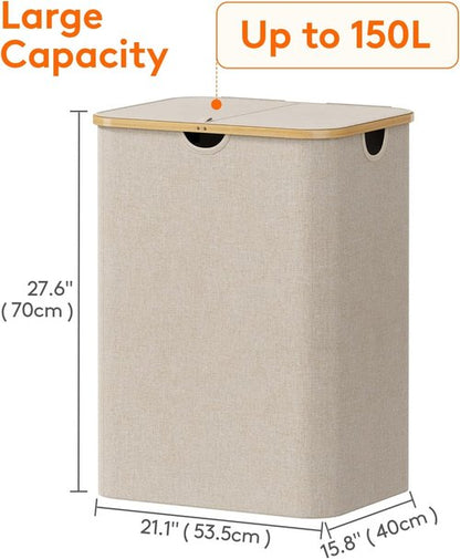 Lifewit 150L Laundry Basket - Foldable Hamper with Lid & Bamboo Handles | Beige, Large Capacity