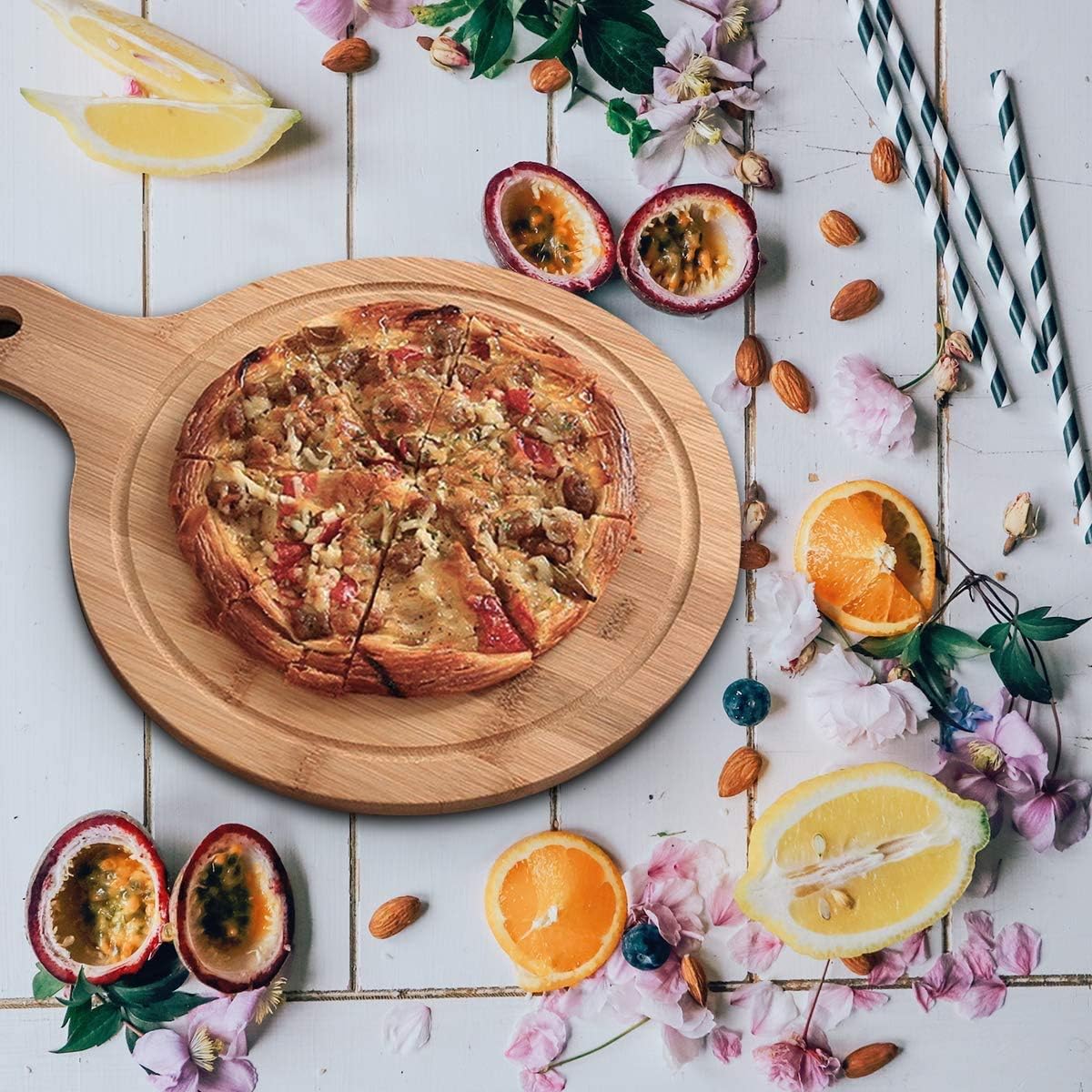 Bamboo Cutting Board, Meat Chopping Boards, Pizza Peel Paddle with Handle for Homemade Baking, Round Board for Pizza,