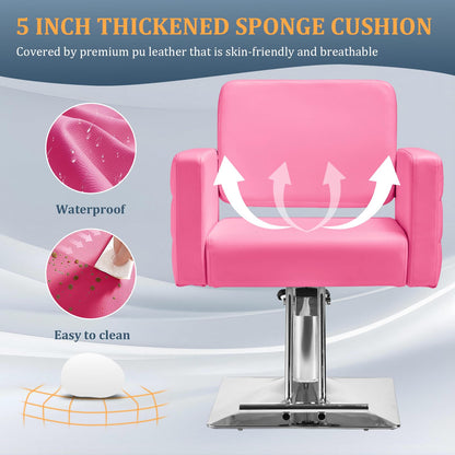 Barber Salon Chair for Barbershop - Load Weight 330 Lbs,Heavy Duty Hydraulic Pump Height Adjustable,360°Swivel with Footrest,Soft Leather with Armrest,Salon Spa,Hair Styling Stylist,Braiding (Pink)