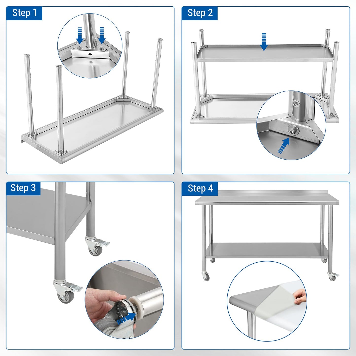 NSF Certified 60" x 24" Stainless Steel Work Table with Caster Wheels - Heavy Duty Prep Station with Adjustable Undershelf & Rear Backsplash - Mobile Commercial Kitchen Table for Restaurant, Garage &