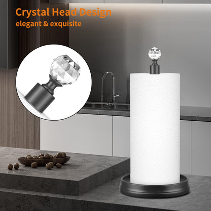 KASUNTO Crystal Head Paper Towel Holder - Steel Countertop Stand for Kitchen, Bars & Dining Tables - Fits Standard & Jumbo Rolls - Matte Black