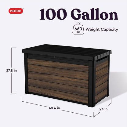 Keter Signature Collection 100 Gallon Resin Deck Box Organization and Storage for Patio Outdoor Cushions, Throw Pillows, Garden Tools and Pool Supplies, Rosewood