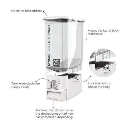 TAYAMA 55 lbs. Capacity Rice Dispenser Grain Storage Container,White