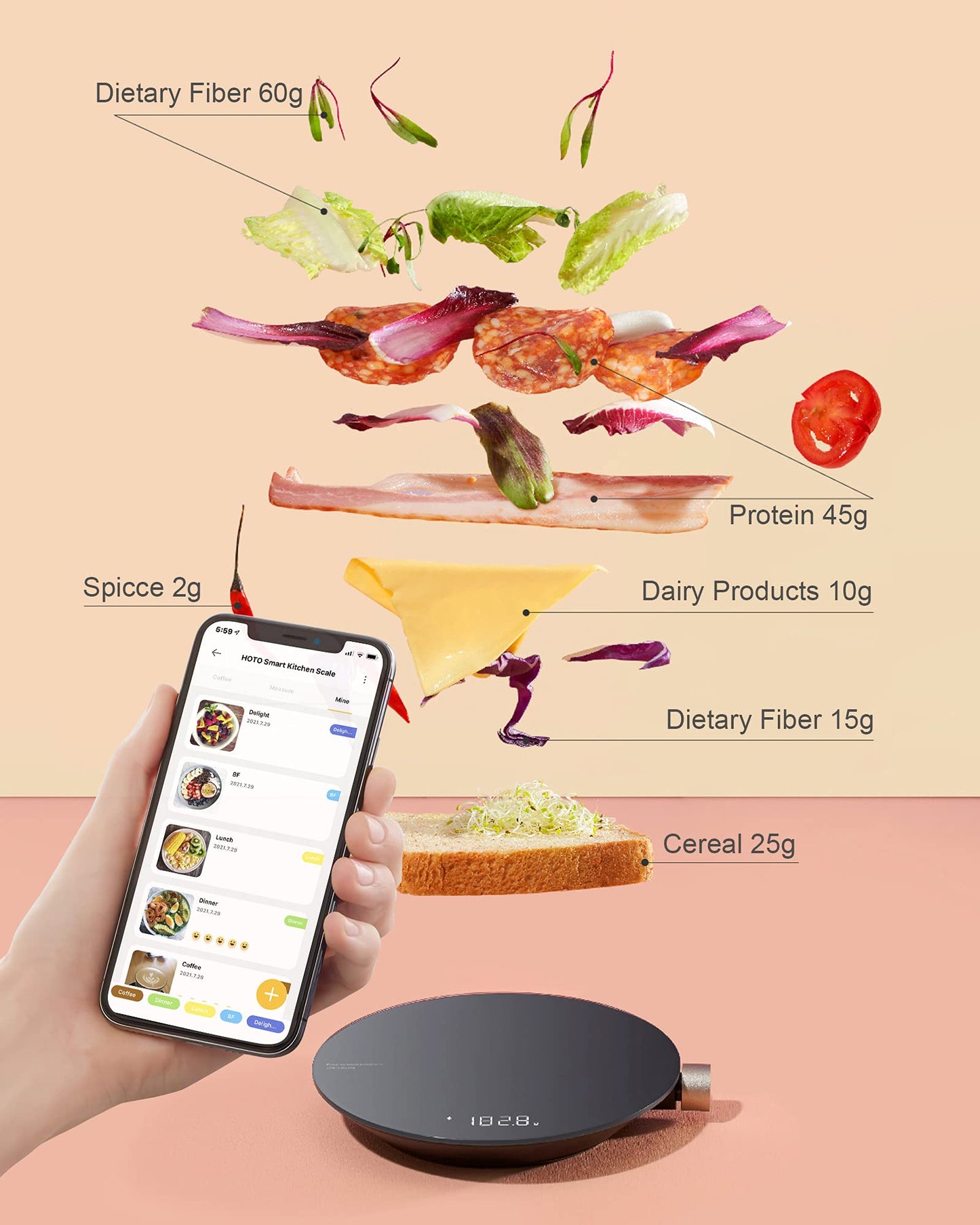 HOTO Smart Food Scale, Kitchen Scale, Food Scales Digital Weight Grams and Oz, Coffee Scale, Kitchen Scale with 0.1g High Precise Sensor, Measures in 4 Units (g/ml/oz/lb: oz)，Batteries Not Included