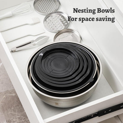 ROYDX Stainless Steel Mixing Bowls With BPA Free Airtight Lids &3 Grater Attachments,Non-Slip Bottoms- 33% Thick Metal Nesting Bowls for Mixing & Serving