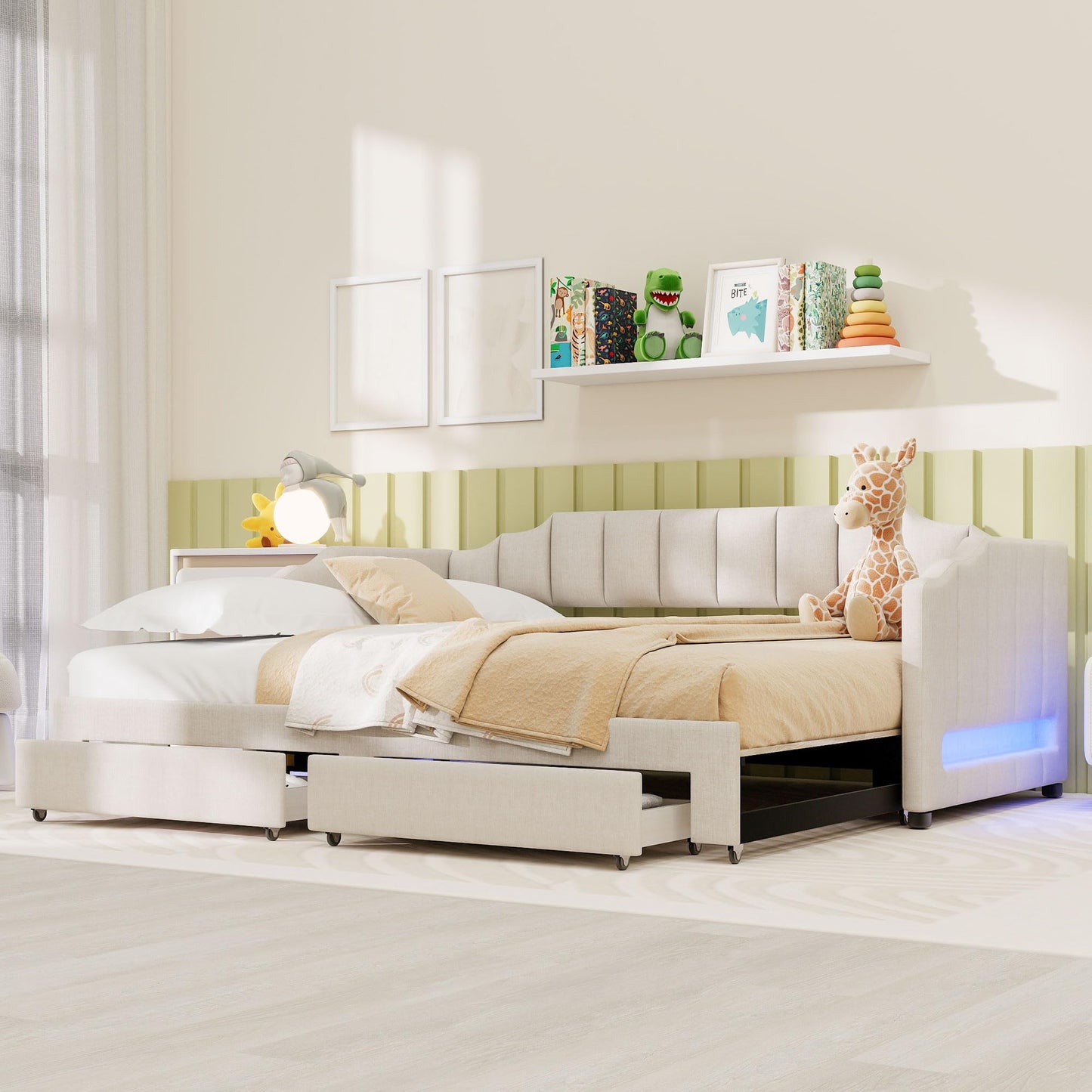 Bellemave Twin XL Size Daybed Frame with Pop up Trundle,Upholstered Day Bed with Two Storage Drawers and LED Light,Twin XL to King Daybed,Beige