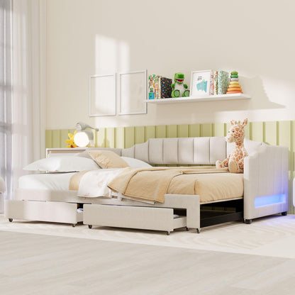 Bellemave Twin XL Size Daybed Frame with Pop up Trundle,Upholstered Day Bed with Two Storage Drawers and LED Light,Twin XL to King Daybed,Beige