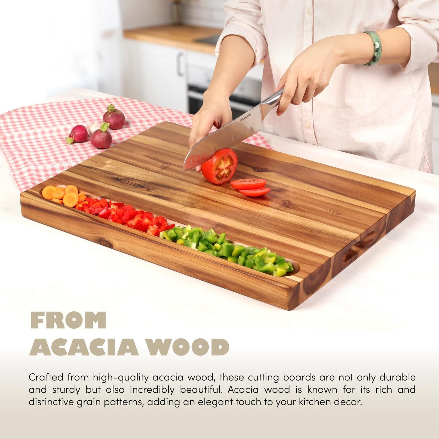 Acacia Wood Cutting Board (17x13x1.5in) and Wooden Butcher Block, Chopping Board - Reversible Multipurpose For Meat, Cheese Board, Vegetables, Bread...with Juice Groove, Cracker Holder & Inner Handles