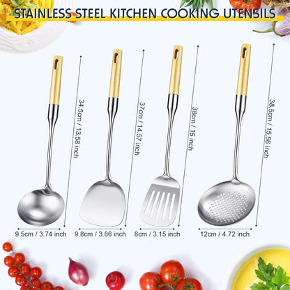 Stainless Steel Kitchen Cooking Utensils Set, Specialty Chinese Wok Utensils with Skimmer, Slotted Spoon, Spatula Turner