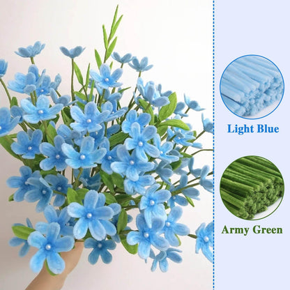 300Pieces Blue Pipe Cleaners Flower Kit with 20 Floral Wires, Floral Tape etc, Fluffy Blue Green Pipe Cleaners Craft Supplies, DIY Flower Kit for Wedding Mother's Day Gift, Holiday Decoration