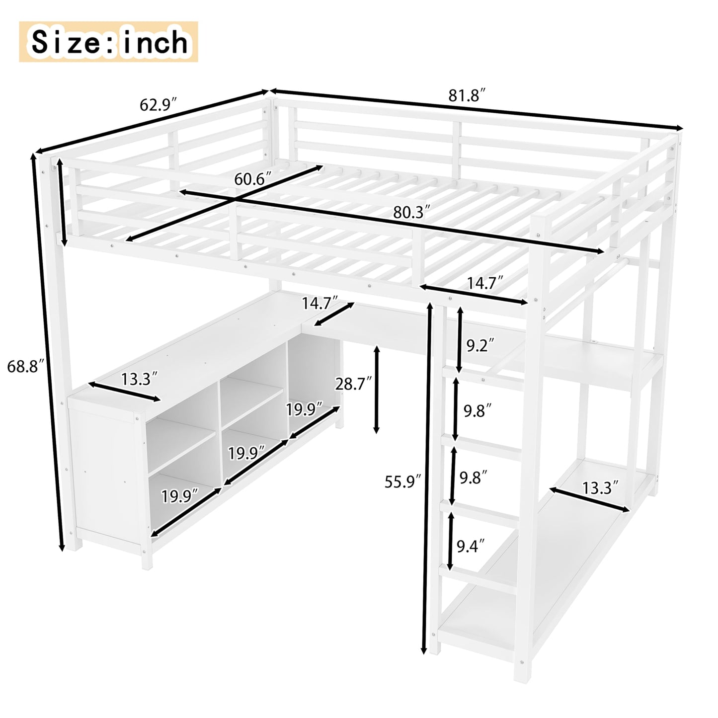 Bellemave Queen Size Loft Bed with Desk & Clothes Rack, All-in-One Heavy Duty Metal Loft Bed Frame with Storage Cube & Shelf, Space Saving Loft Bed Queen Size for Adult, Teen, Kids, Apartment, White