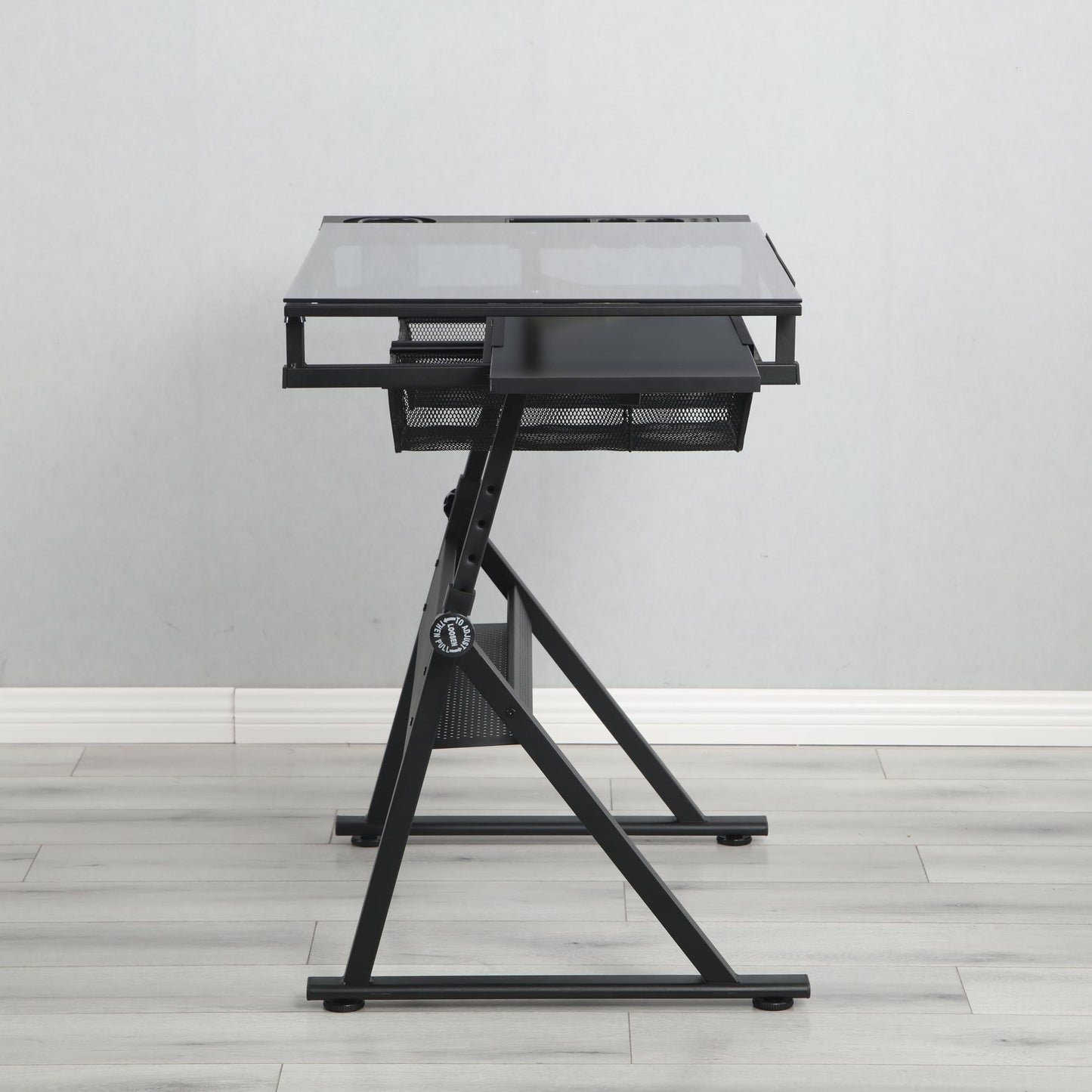 Adjustable Drafting Table with 0-75° Glass Top, Height Adjustable Standing Desk for Artists, Writing Desk for Home Office, Computer Desk with Storage, Black Long Desk for Designers & Art Students,A-1