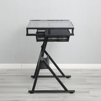 Adjustable Drafting Table with 0-75° Glass Top, Height Adjustable Standing Desk for Artists, Writing Desk for Home Office, Computer Desk with Storage, Black Long Desk for Designers & Art Students,A-1