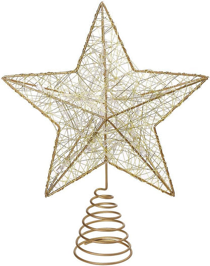 10 Inches LED Christmas Tree Topper, Glitter Gold Hollow Star Treetop, Christmas Ornaments for Tree Decor