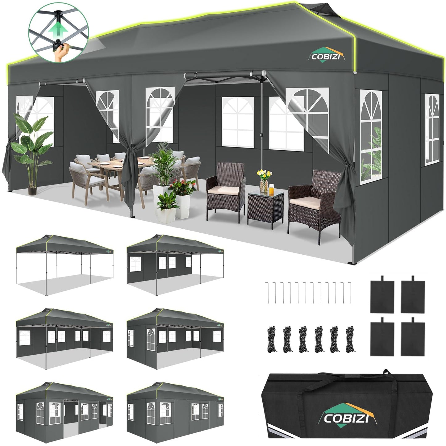 COBIZI 10x20 Pop Up Canopy Tent with 6 Removable Sidewalls, One Push Party Tent Outdoor Waterproof Event Canopy with Air Vent for Parties Commercial Wedding, 3 Height, Carry Bag, Sandbag, Gray