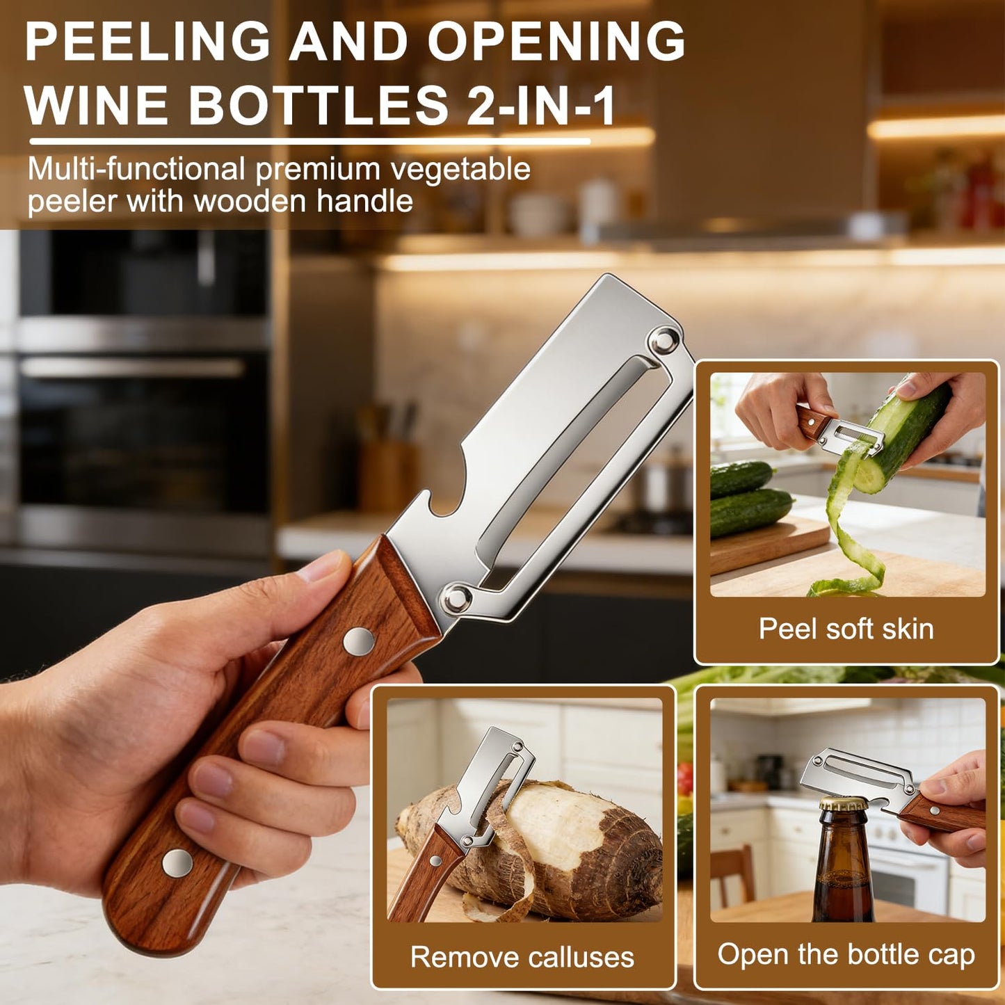 2 Pcs Multi-Functional Vegetable Peeler for Kitchen, Premium Vegetable Peeler with Wooden Handle and Bottle Opener, Stainless Steel Blade Kitchen Tool for Fruit Apple Potato Pumpkin Papaya Carrot