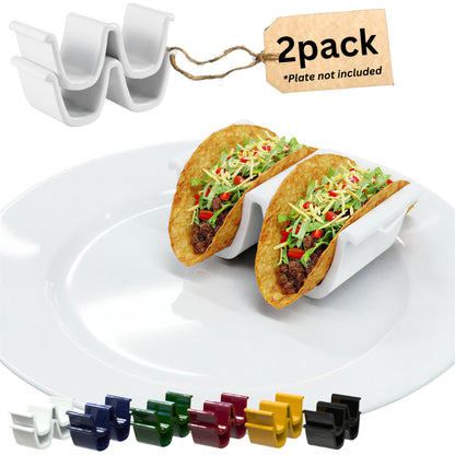 HolaTasty Taco Shell Holder Ceramic, Taco Gifts for Thanksgiving Christmas - Taco Holders Set of 2, Dual Taco Stand for Plates - Hold Street/Hard Shells, Mini Taco Night Accessories for Taco Lovers
