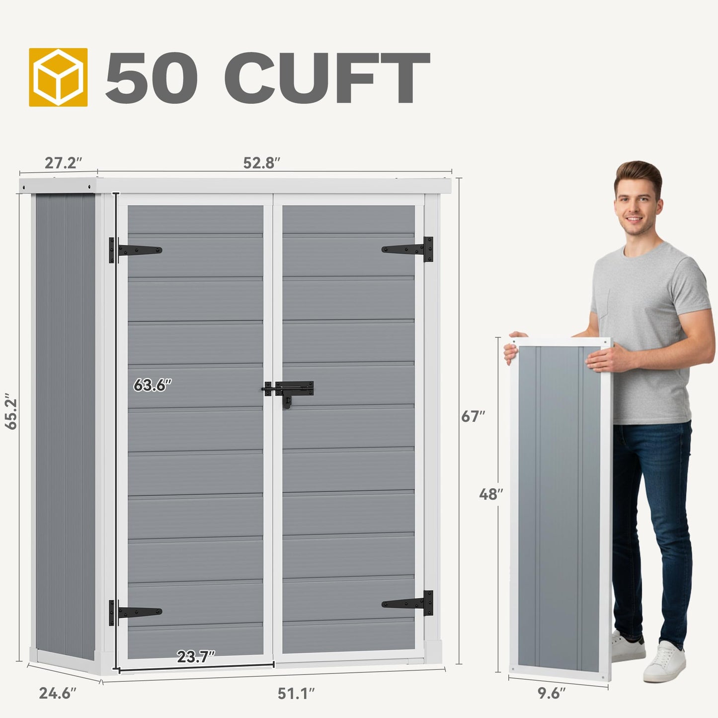 DWVO 50 Cuft Outdoor Tall Storage Shed with 2 Shelves, 4.3x2x5.5ft Vertical Tool Shed with Floor & Lockable Doors, Sturdy Double-Wall Plastic Cabinet for Garbage Cans and Garden Equipment (Gray)