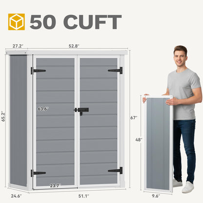 DWVO 4.3x2x5.5ft Outdoor Vertical Storage Shed with 2 Shelves, 50 Cu Ft Waterproof Resin Garden Shed with Lockable Door, Plastic Tall Tool Cabinet for Garbage Cans, Lawn Garden Supplies (Gray)