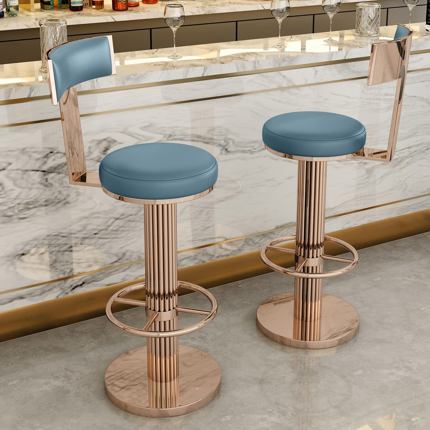 FUNROLUX Swivel Bar Stools with Backrest, Modern Adjustable Height Counter Stool with Stainless Steel Legs and Comfortable Cushion, Rose Bar Chairs for Kitchen Island Counter (Blue)