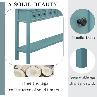 Merax Wood Farmhouse Entry Way Hallway Console Table with Drawers and Bottom Shelf Narrow Long Sidetable for Living Room Turquoise Green