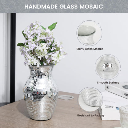Adedeo Mosaic Glass Flower Vase for Home Decor, Handmade Glass Mosaic Vases for Living Room, Kitchen, Wedding, Office (Silver Mirror, 5 * 8 Inch)