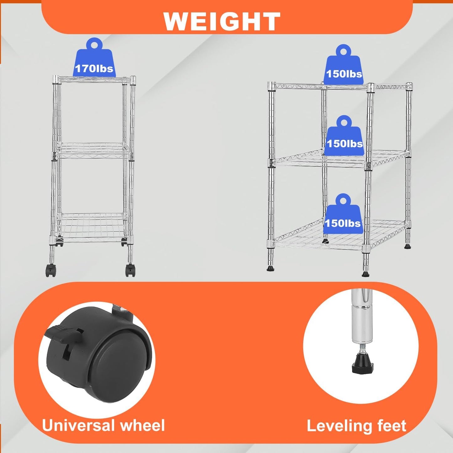 3-Tier 23"x13"x31" 170 lbs PayLessHere | Wire Shelf with Wheels | | Chrome | Adjustable Racks | Heavy-Duty Storage