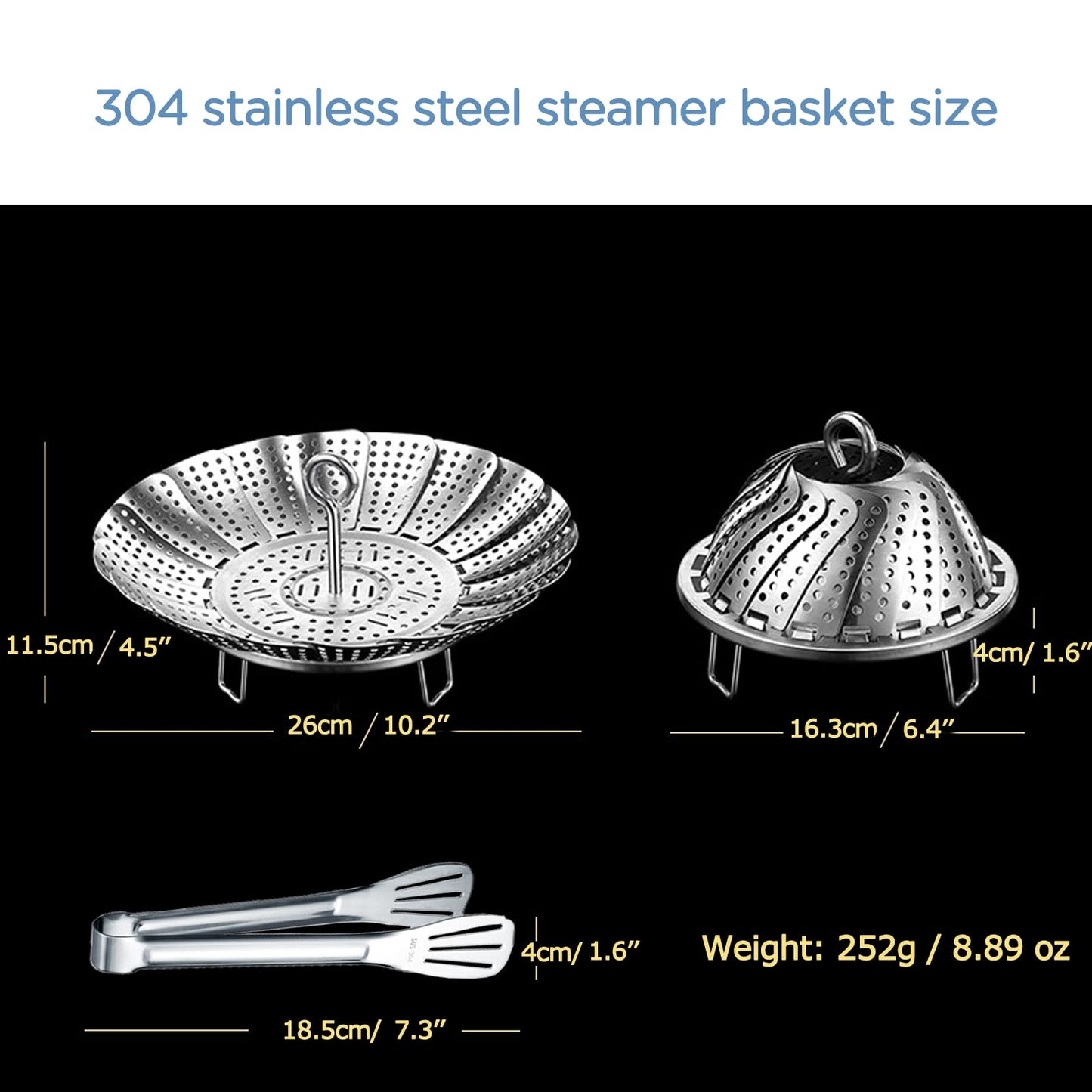 Yubng 304 Stainless Steel Vegetable Steamer Basket, Expandable Insert for Cooking, Fits 6.4 to 10.2 Inch Pots, Includes 7.3 Inch Kitchen Tongs