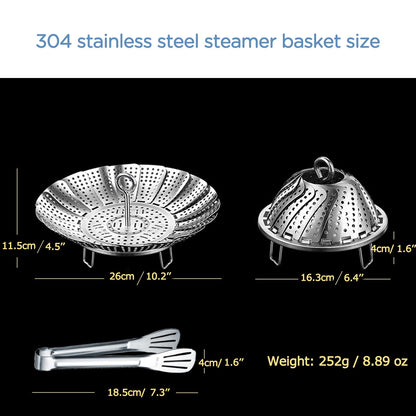 Yubng 304 Stainless Steel Vegetable Steamer Basket, Expandable Insert for Cooking, Fits 6.4 to 10.2 Inch Pots, Includes 7.3 Inch Kitchen Tongs