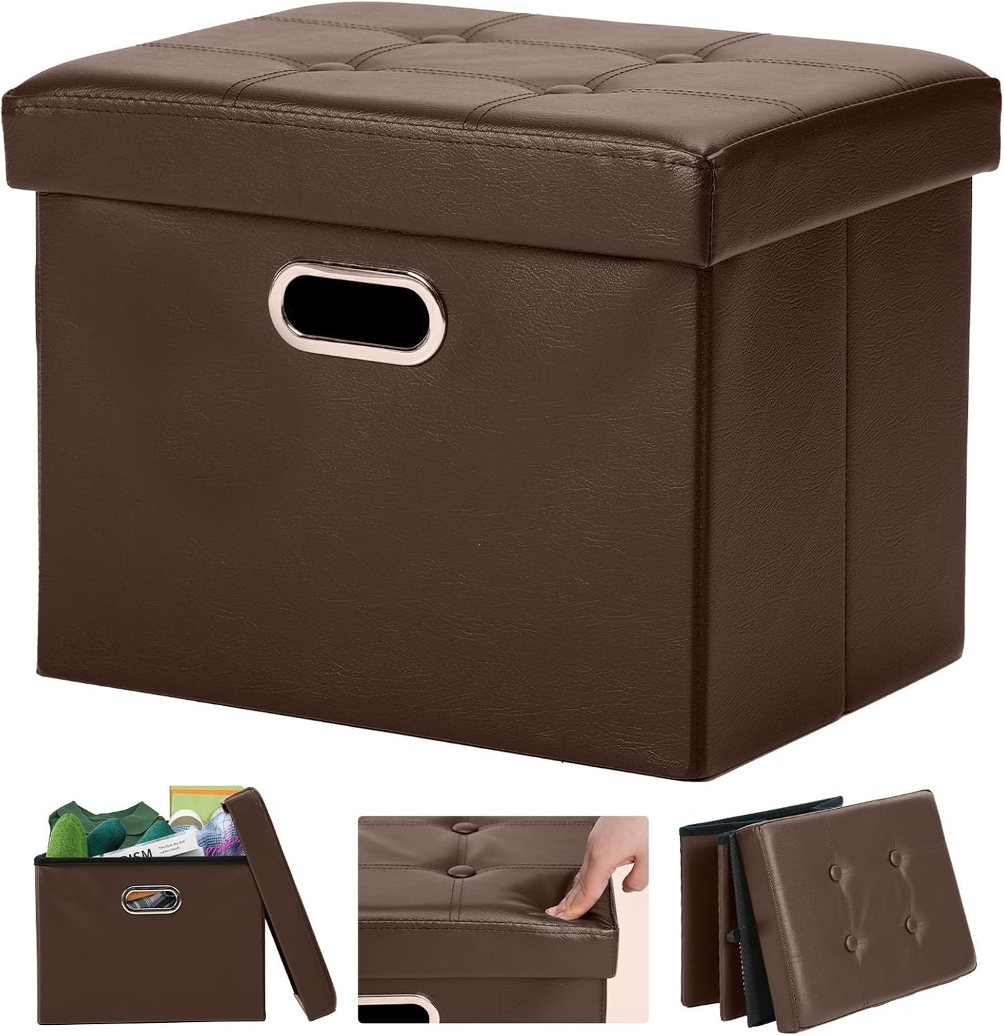 17x13x13in COSYLAND Ottoman with Storage Folding Leather Ottoman Footrest Foot Stool Brown Ottoman for Rooms Small