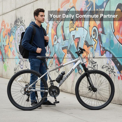 QARSWA 26 Inch Mountain Bike, Lightweight Aluminum Frame MTB with 21-Speed Trigger Shifter & Dual Disc Brakes, Comfort Foam Seat Adult Bicycle for Men and Women, Trail & Outdoor Riding, Matte Silver