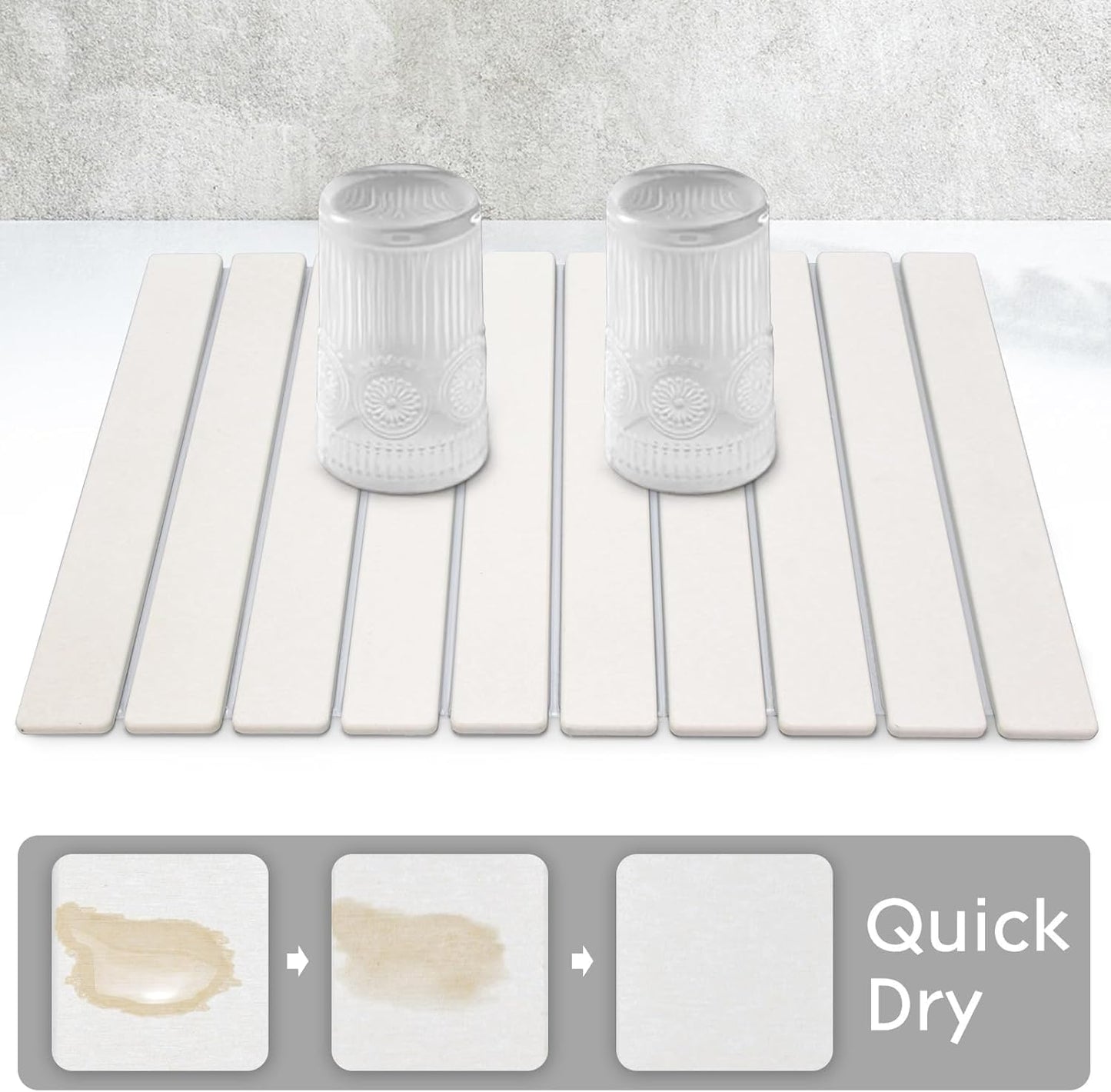 Large Stone Dish Drying Mat for Kitchen Counter, 24"(L)×16"(W), Collapsible Quick Drying Dish Mats, Ultra Absorbent Diatomaceous Earth Mats for Dishes Bottles Cups, Match Any Countertop